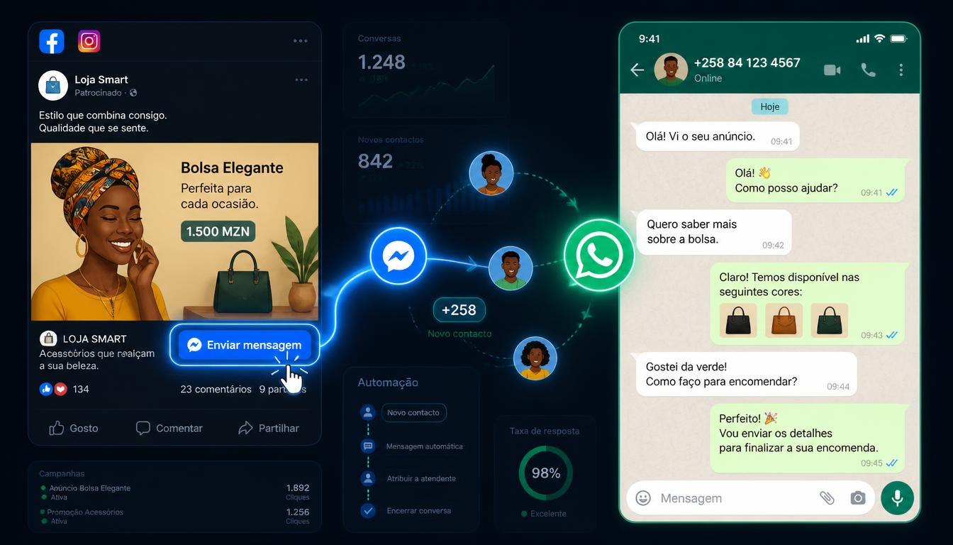 Anúncio no Facebook e Instagram com botão Enviar mensagem, que leva o cliente a uma conversa de venda no WhatsApp