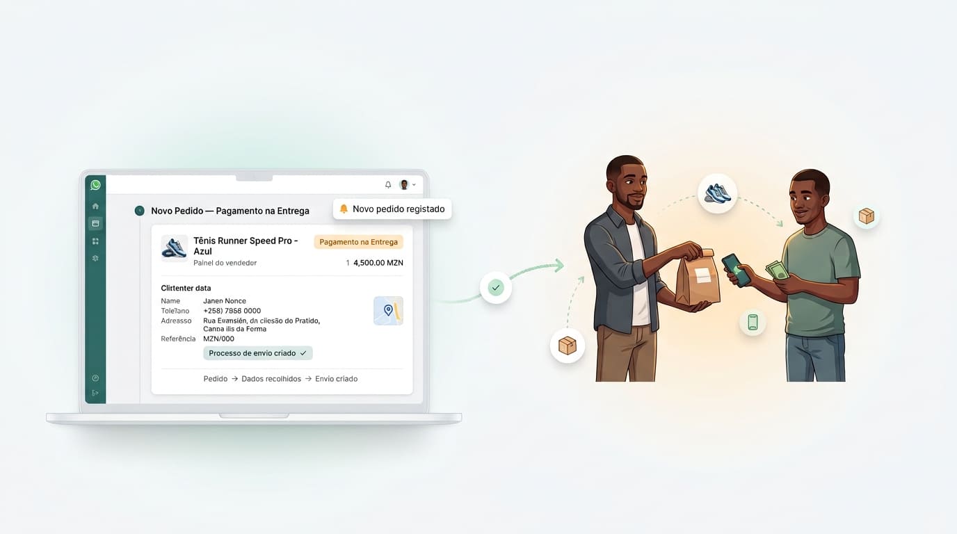 Pedido com pagamento na entrega registado no painel do vendedor, com os dados do cliente recolhidos e o envio criado, e a entrega do produto ao cliente