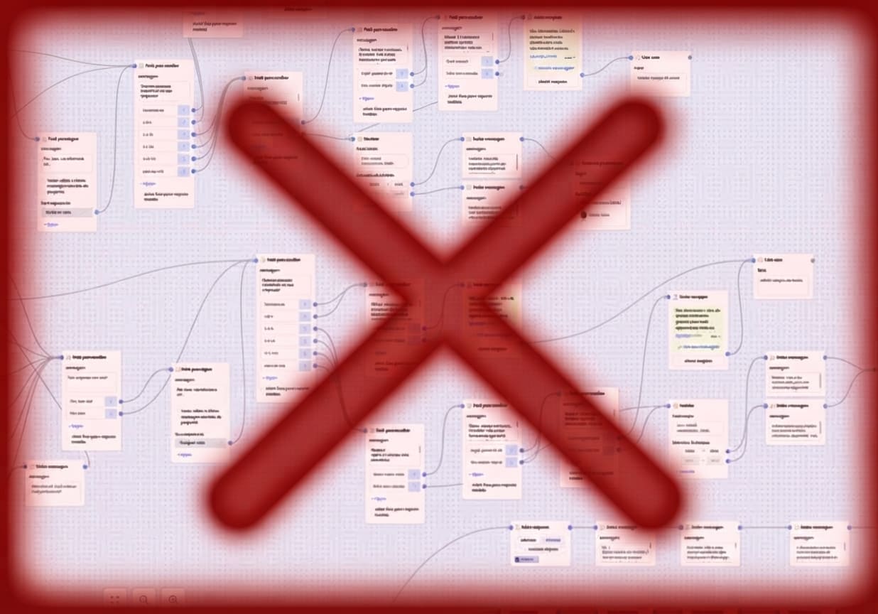 Editor de fluxos de outras ferramentas, com dezenas de blocos ligados por linhas e marcado com um X vermelho
