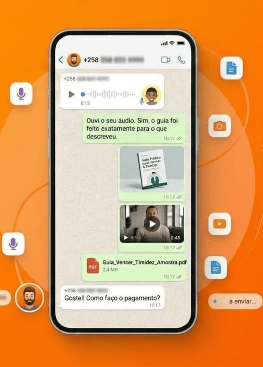 Conversa de WhatsApp em que o cliente envia um áudio e o agente responde com texto, imagem do produto, vídeo e PDF, com ícones de cada formato ao redor do celular
